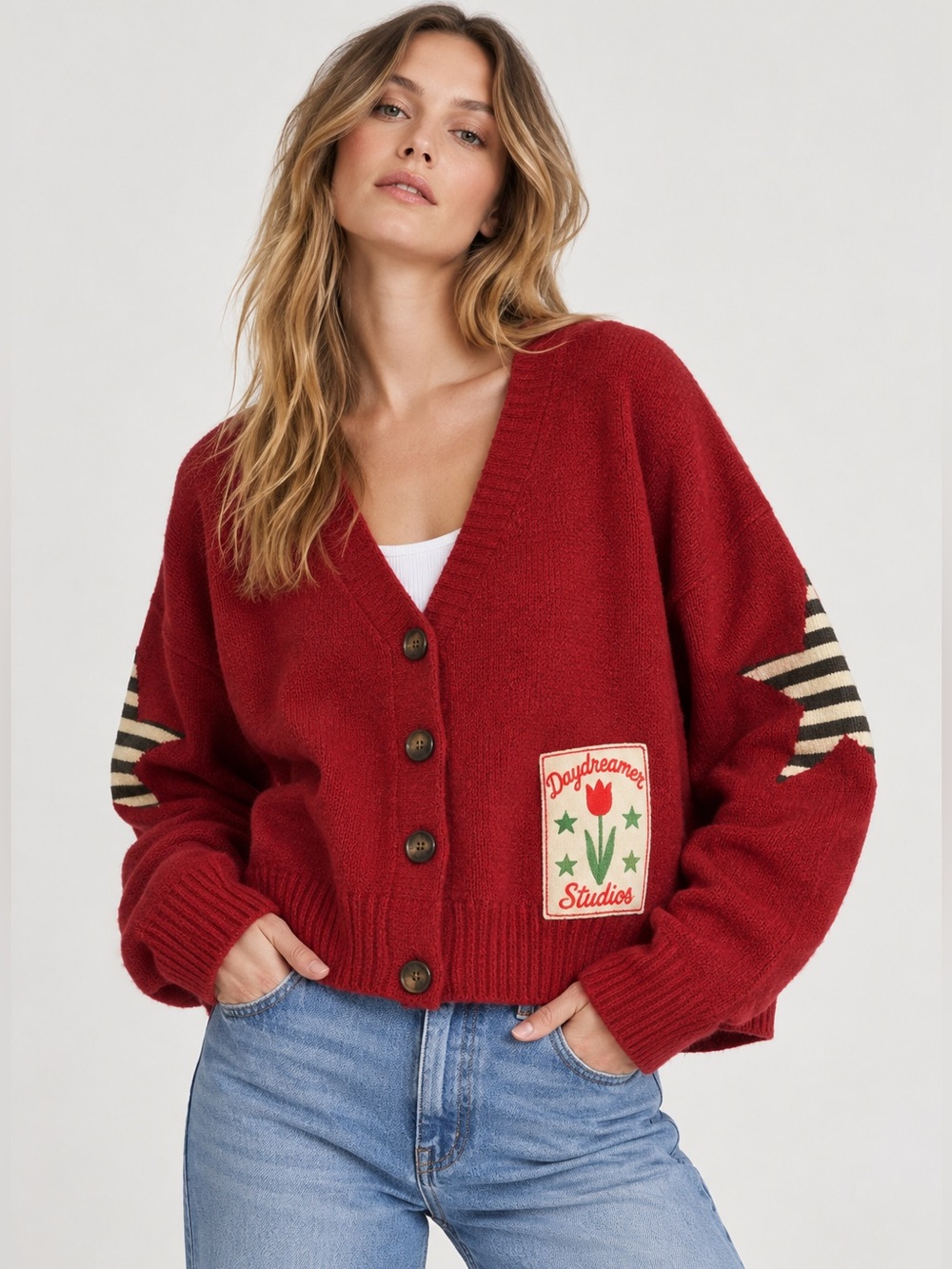 #967 NWT Daydreamer Solid Boxy Knit Cardigan Carmine Red Medium